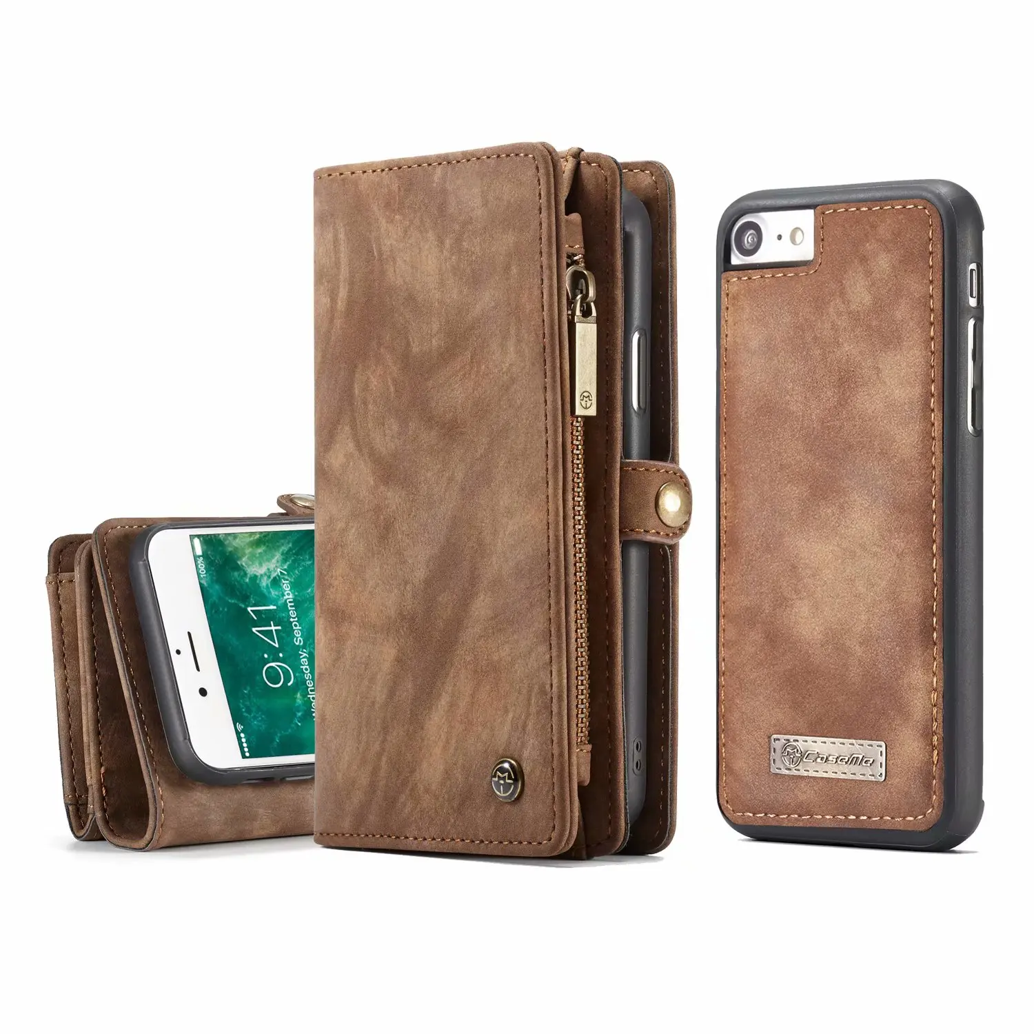 

Luxury Genuine Leather Wallet Case for iPhone 7 Folio Detachable Zipper Magnetic Cover Cases for iPhone 7Plus 6SPlus 6 6S