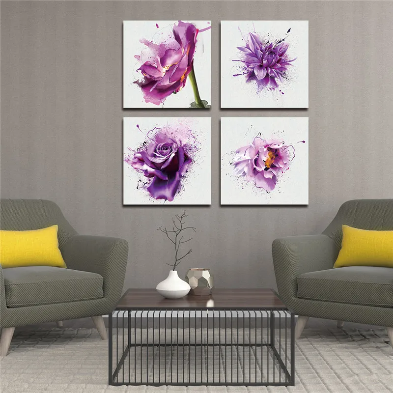 4 Pcs/set New Purple Rose Wall Art Prints On Canvas Abstract Flower Unframed Spray Painting HD