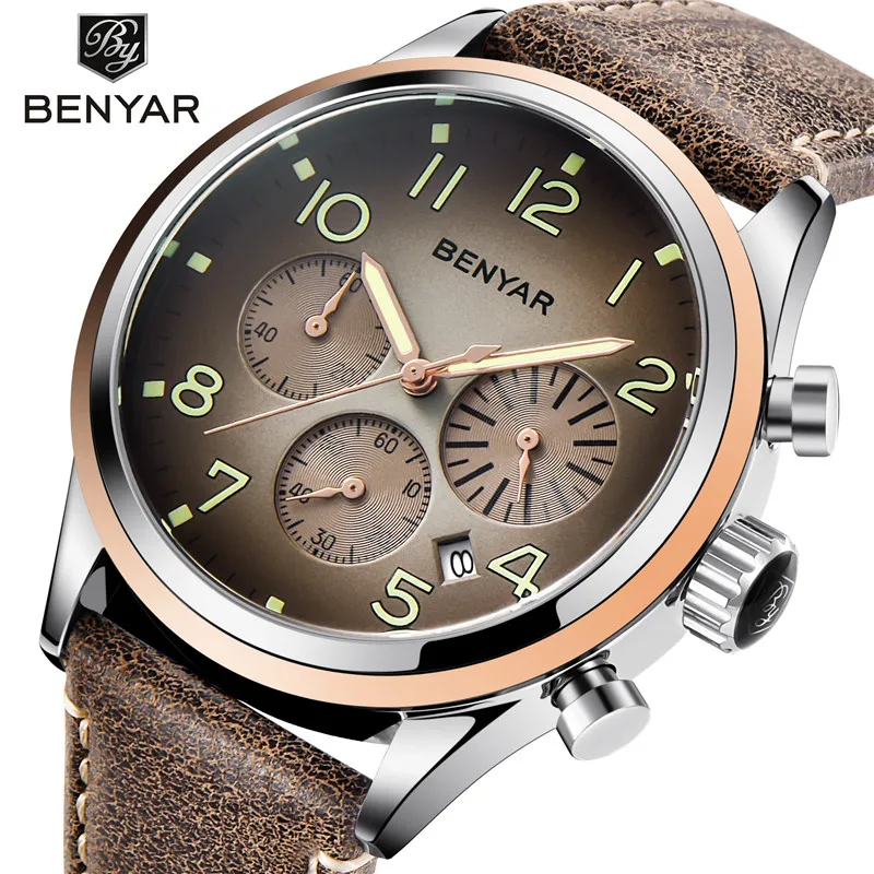 

BENYAR Brand Men Watches Leather Military Quartz Man Outdoor Brown black Dial Sport Watch Army Male Clock Relogio Masculino
