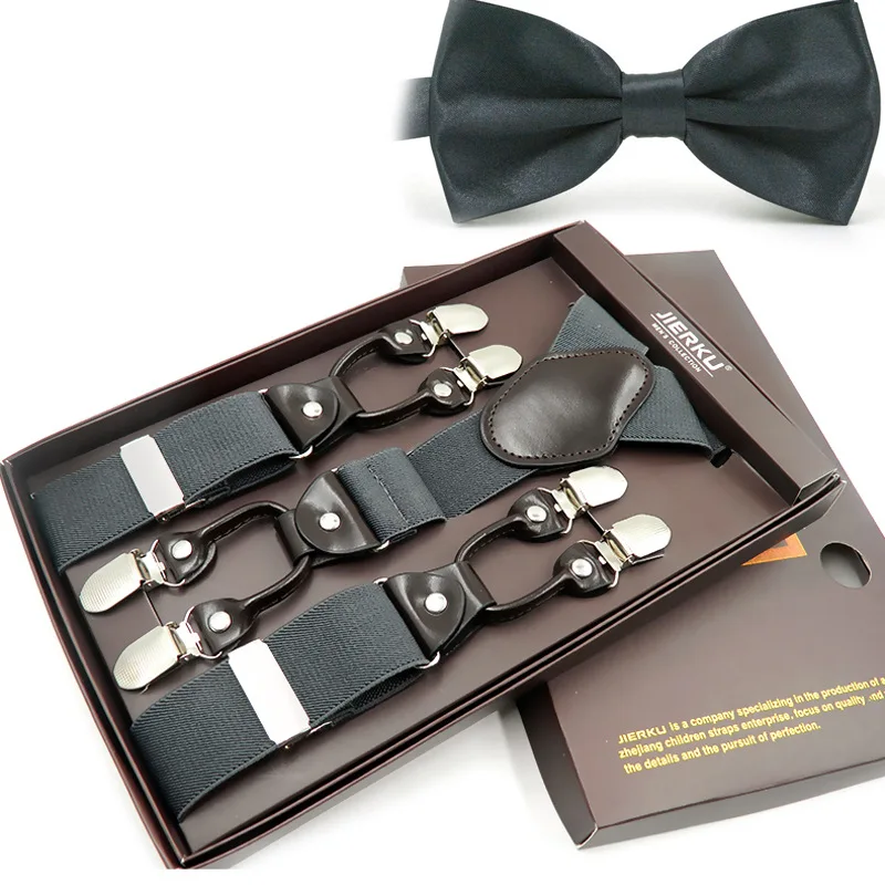 

JIERKU Suspenders tie Set Man's Braces with Bow Tie 6 Clips Suspensorio Fashion Trousers Strap Father/Husband's Gift TZBD1027