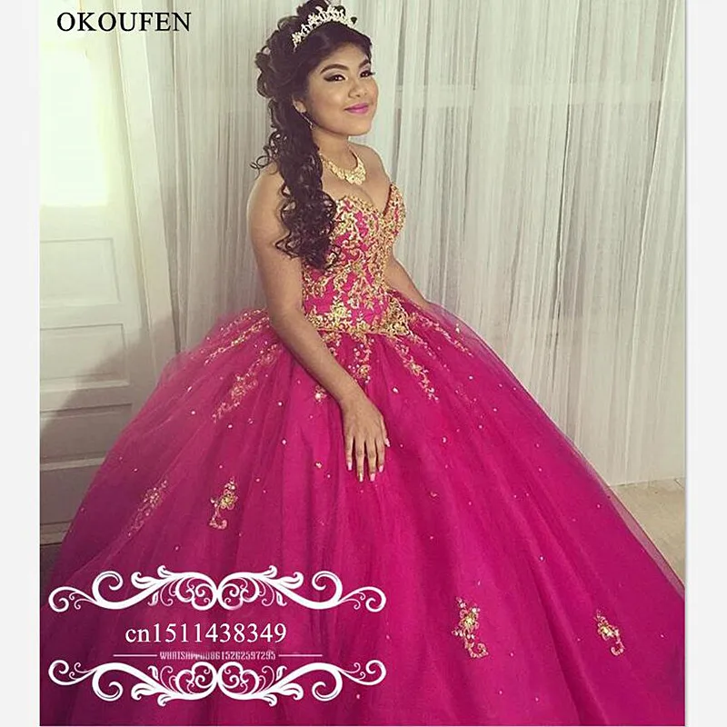 Лидер продаж, симпатичыне розовые 16 Бальные платья с золотыми Аппликация из бисера Длинное Пышное Бальное Платье, пышное платье для выпускного вечера Vestidos De 15 Anos