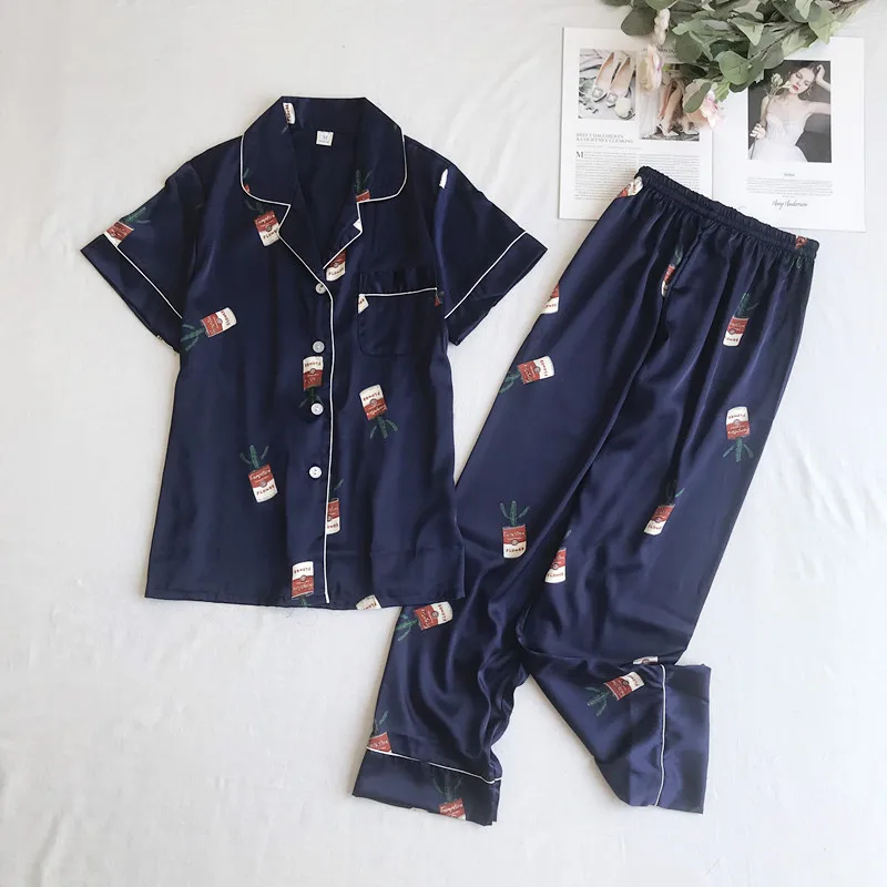 

Casual Short Sleeve 2PCS Sleep Wear Shirt&Pant Women Print Home Clothes Satin With Pocket Long Nightwear Lounge Pajamas Suit