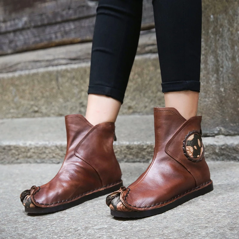 

Stitch Handmade Booties Lady Elegant Embossed Flower Women' s Flat Ankle Boots Natural Leather Casual Female Footwear Shoes