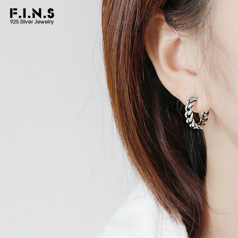 

F.I.N.S Vintage Real 925 Sterling Silver Earrings Woman Link Chain Shaped Punk Antique Silver Hoop Earring Female Decoration