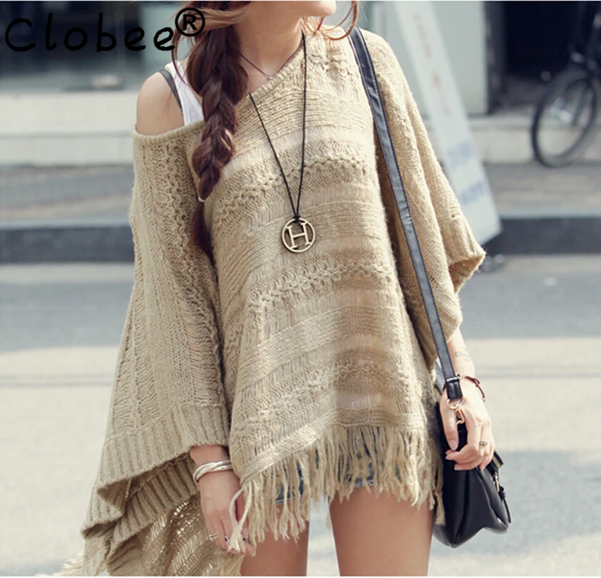 

2017 Autumn Vintage Pullover Casual Hollow Irregular Tops Knitting Tassel Cloak Shawl Bat sleeve Smock Sweater poncho women