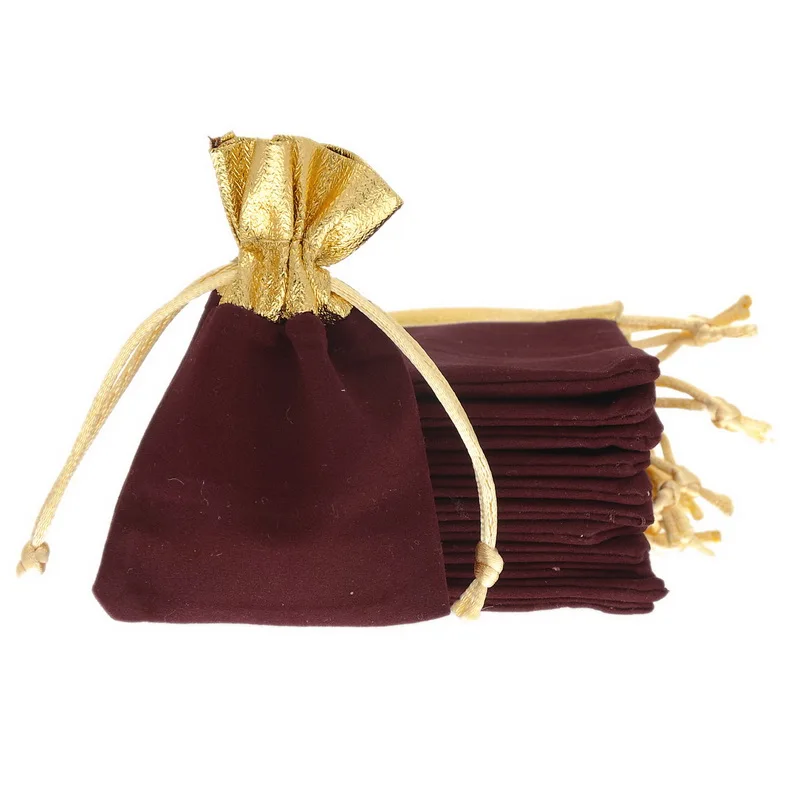 25PCs Jewelry Bags 7x9cm Purplish Red Velvet Gold Trim Drawstring