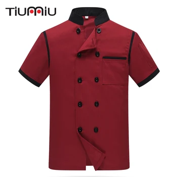 

Patchwork Women Men Short-sleeved Chef Uniforms Double Breasted Kitchen Bakery Sushi Chef Jackets Restaurant Hotel Work Uniforms
