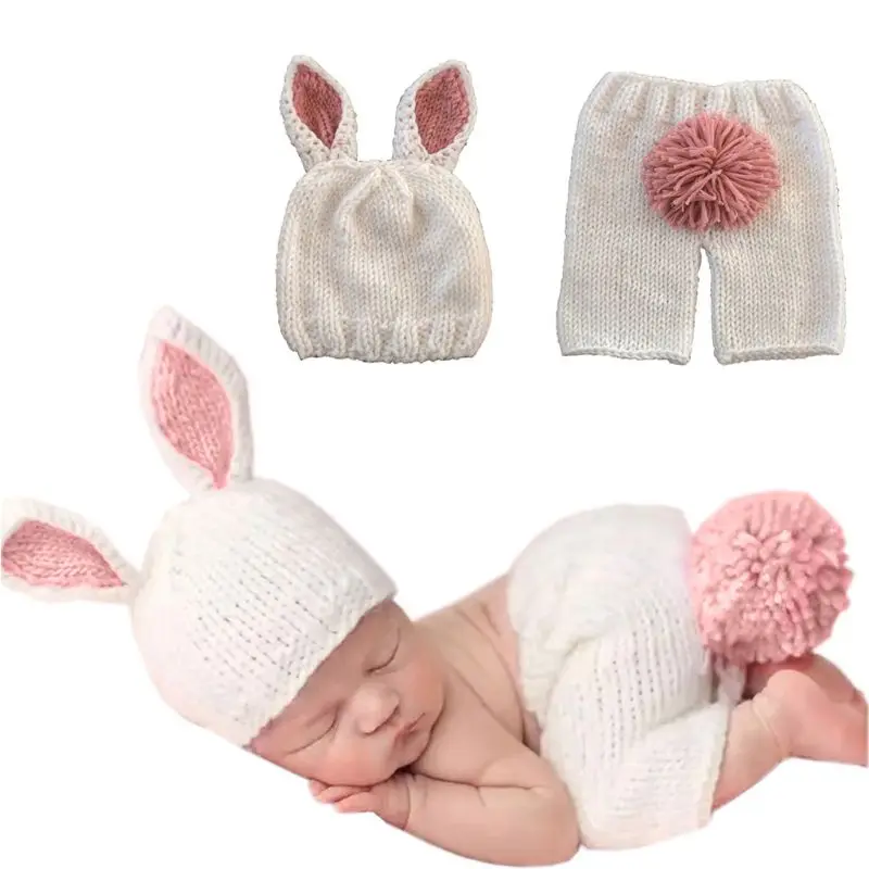 Розовый кролик новорожденных девочек мальчиков крючком вязаный костюм фото фотографии реквизит шляпы наряды для 0-6 месяцев