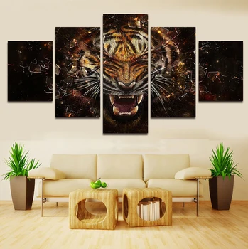 

5 Pcs Abstract Wall Artworks Ferocious Tiger Printed Picture Modern HD Picture Home Decoration Living Room Canvas Oil Painting