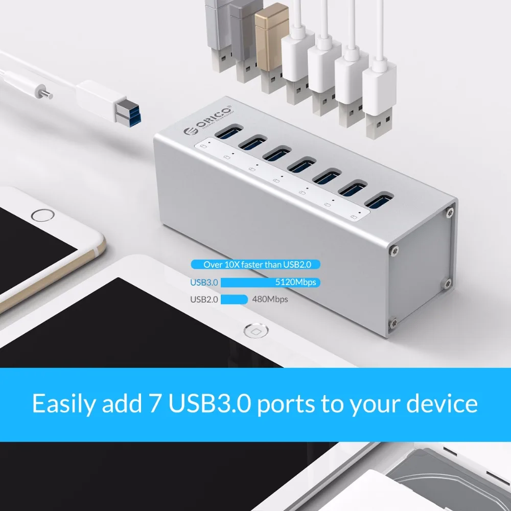 Продажа ORICO A3H7 новый дизайн высокого Скорость Алюминий 7 Порты и разъёмы font b USB b font 3,0 концентратор для ПК ноутбук Серебристый