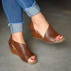 VERTVIE/женские босоножки из искусственной кожи на танкетке; Летняя обувь; Повседневная римская обувь с открытым носком на высоком квадратном