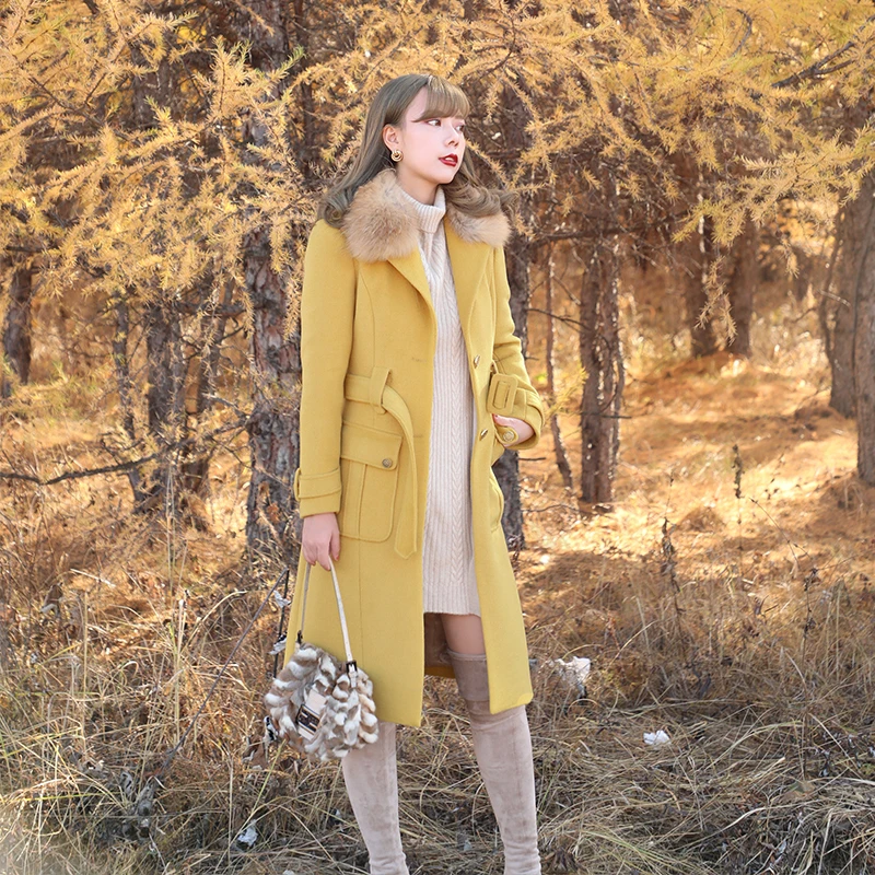 

LYNETTE'S CHINOISERIE Autumn Winter Original Design Women Vintage Long Slim Yellow Fur Collar Woolen Coats Overcoats