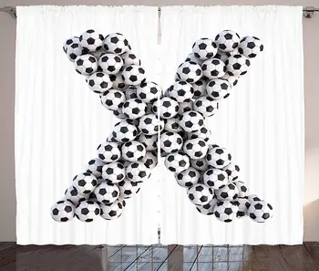 

Letter X Curtains Crossed Lines Design with Football Alphabet Hexagon Motifs on Soccer Balls Living Room Bedroom Window Decor