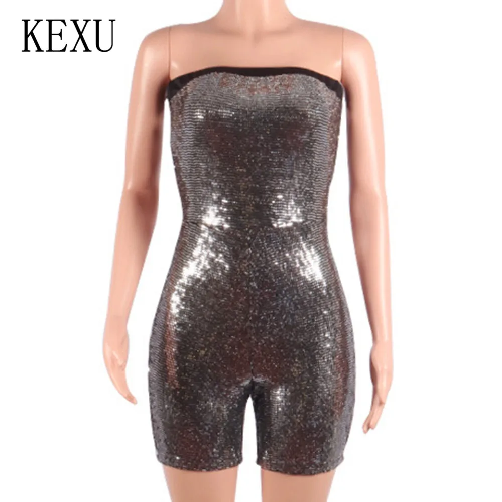 KEXU Fashion Front and Rear Sequined Off Shoulder Jumpsuits Sexy Sleeveless Hollow Out Glitter Playsuits Women Salopette Femme KEXU Fashion Front and Rear Sequined Off Shoulder Jumpsuits Sexy Sleeveless Hollow Out Glitter Playsuits Women Salopette Femme