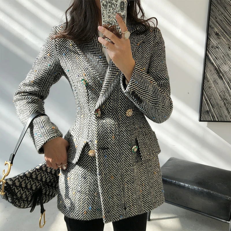 women checked double breasted office suit jacket designer blazer women blazers and jackets pockets work wear suit outwear