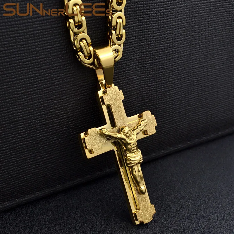 SUNNERLEES 316L нержавеющая сталь Иисус Христос крест кулон ожерелье византийский звено Цепочка Золото Серебро Мужчины Мальчики подарок SP217 - Окраска металла: Gold