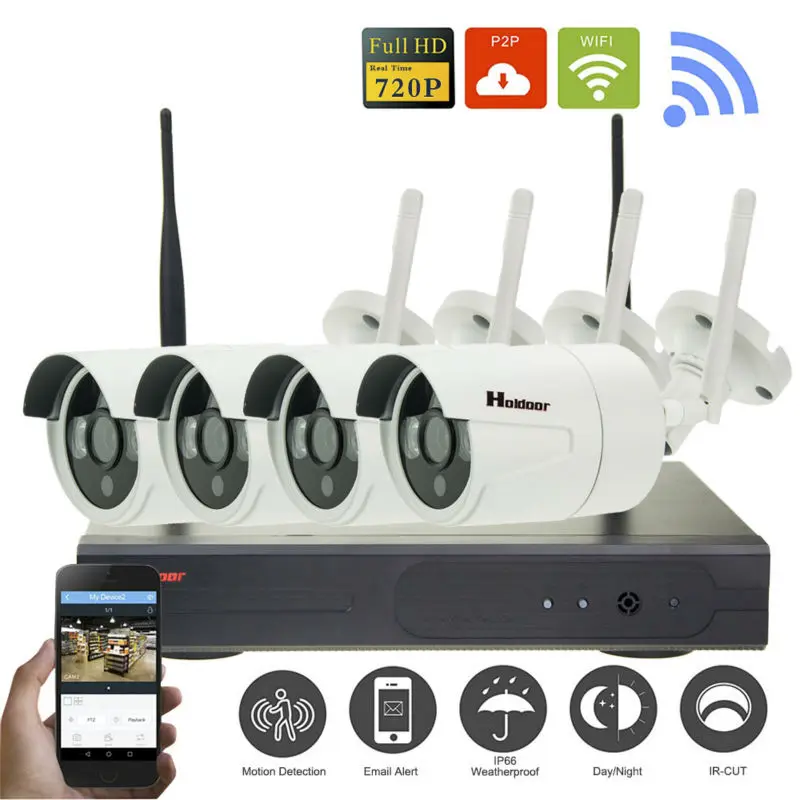 4CH Беспроводной 1.0MP Камера Kit 720 P HDMI P2P ONVIF NVR WI-FI Ip-камера Открытый IP66