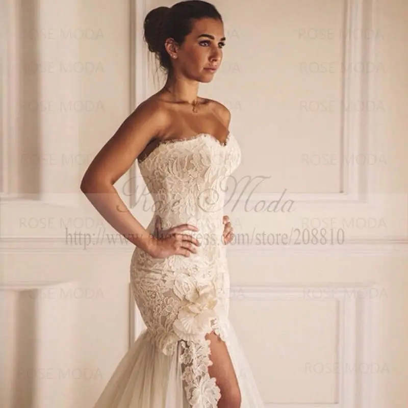 Sweetheart Lace Trumpet Wedding Dress With High Flower Sweetheart Lace Trumpet Wedding Dress With High Flower Ed Mermaid Destination Bridal Gown See Through Skirt In Dresses From