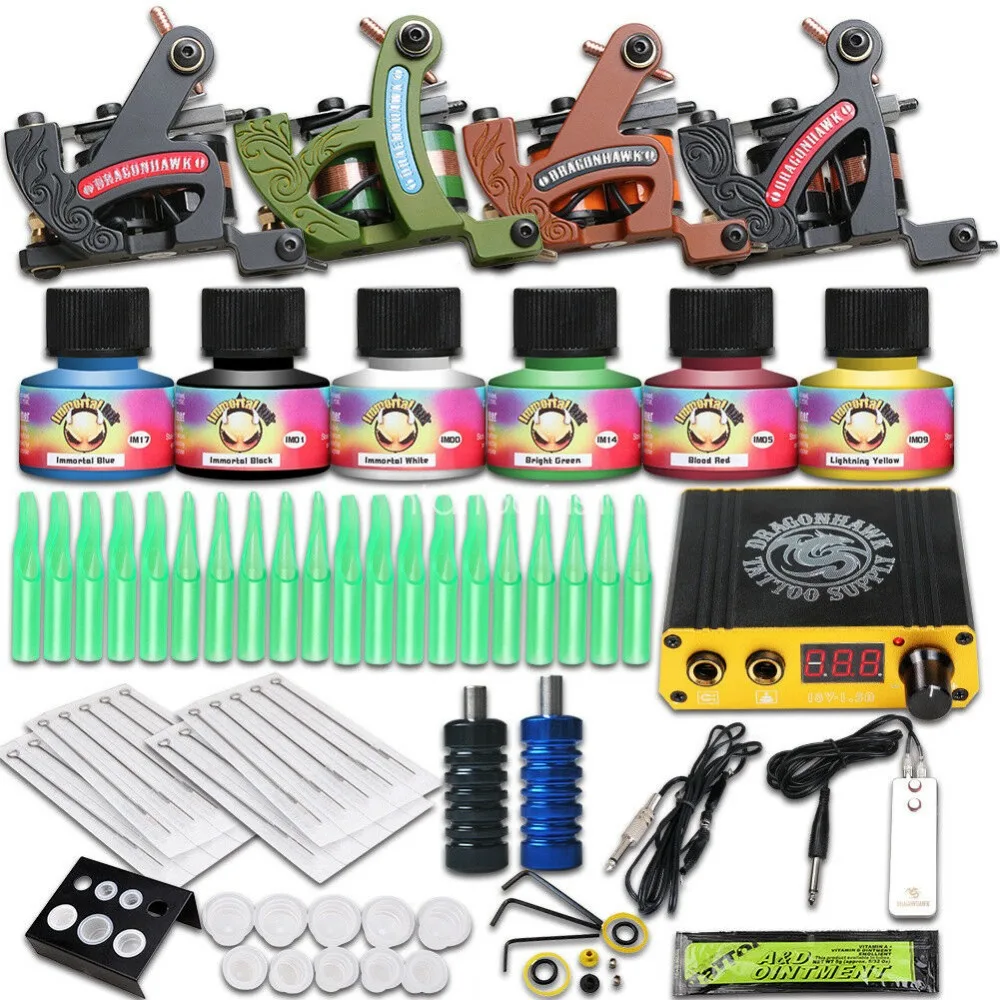 

Beginner Complete Tattoo kit USA Color Ink 4 Machine Guns Power supply Needle Grip Tip