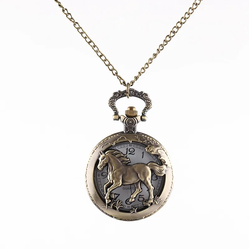 Pocket Watch Relogio De Bolso Bronze Horse Hollow Quartz Necklace Pendant Jewelry Womens Men GIfts 1
