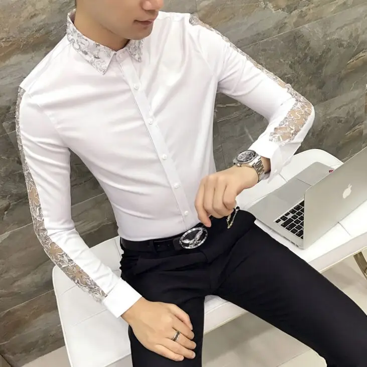 Новинка мужской ночной клуб метросексуальный характер кружева сшивание рубашка с длинными рукавами Мужская мода тонкая одежда 2 цвета M-3XL - Цвет: Белый