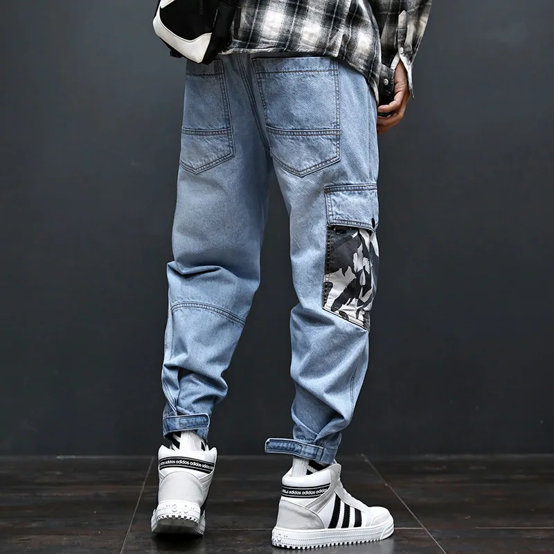 Fashion Streetwear Men Jeans Blue Color Patch Camouflage Pocket Denim Cargo Pants Slack Bottom Spliced Hip Hop Joggers Jeans Men