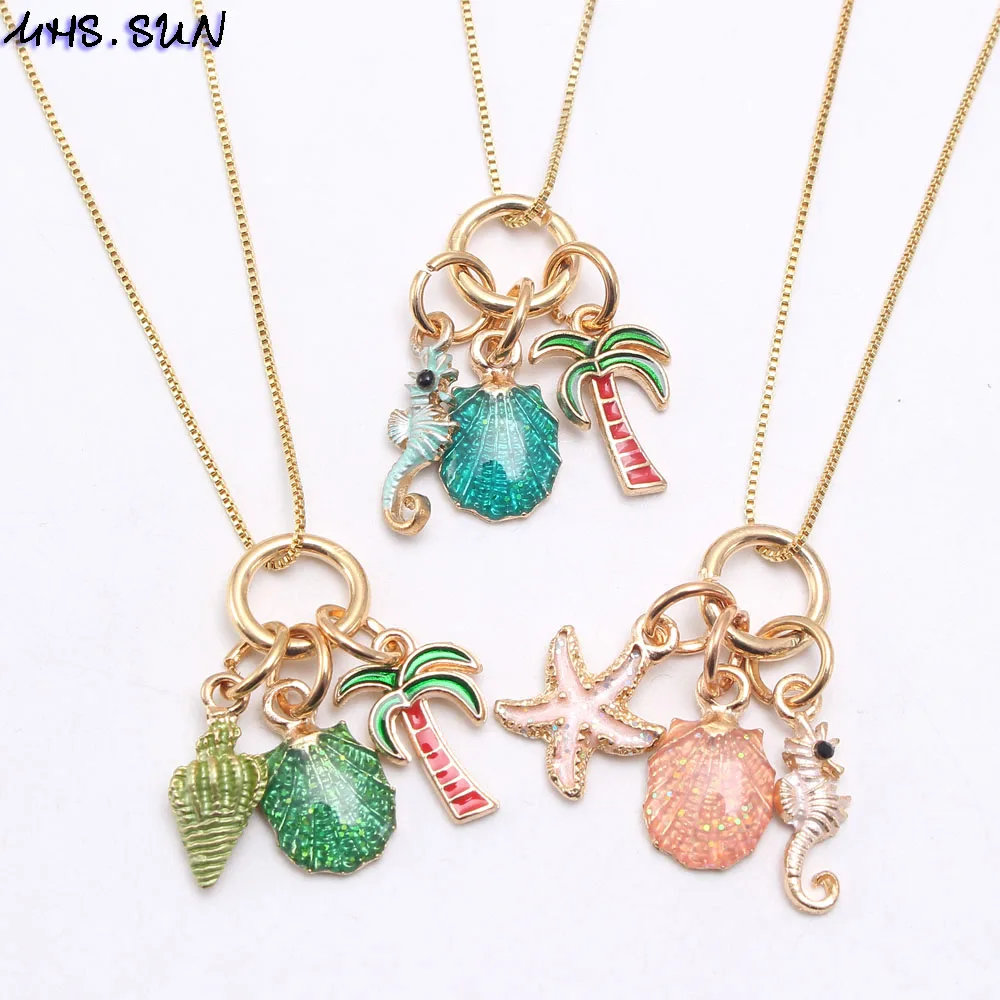 

MHS.SUN Cute Bohemia Necklace Kids Girls Charming Shell Seahorse Starfish Pendants Long Chain Necklace For Child Holiday Jewelry
