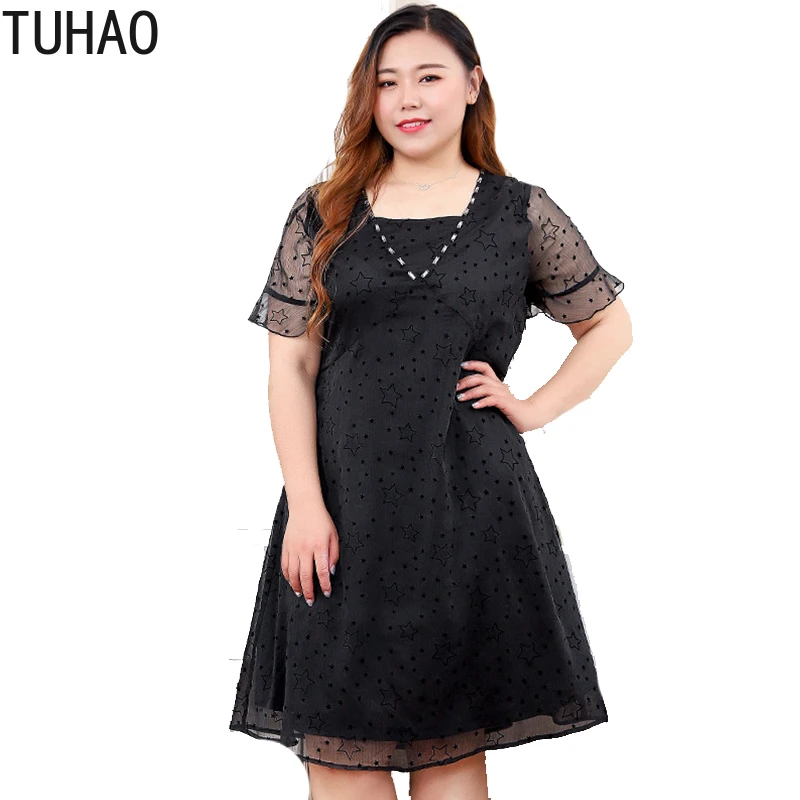 

TUHAO Summer Runway Black Dress Big Sizes 10XL 9XL Knee Length Star Elegant Party Dresses Plus Size Casual Women's Dresses MS05