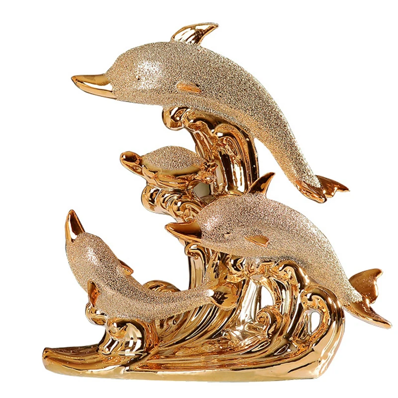 Modern Home Decor Dolphin Figurines Handmade Ceramic Gilded Dolphin Bay