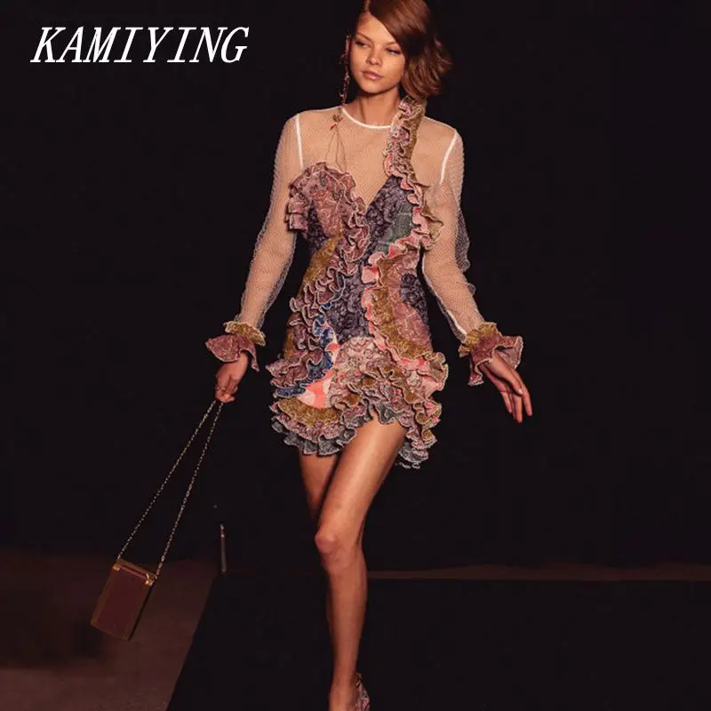 

Runway dresses 2019 women high quality Vintage Print Dress For Women O Neck Long Sleeve High Waist Ruffles Slim Mini Dresses