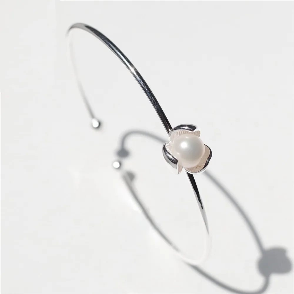 pearl flower bangle 100% 925 Sterling silver Jewelry Vintage Adjustable bangles for women gift