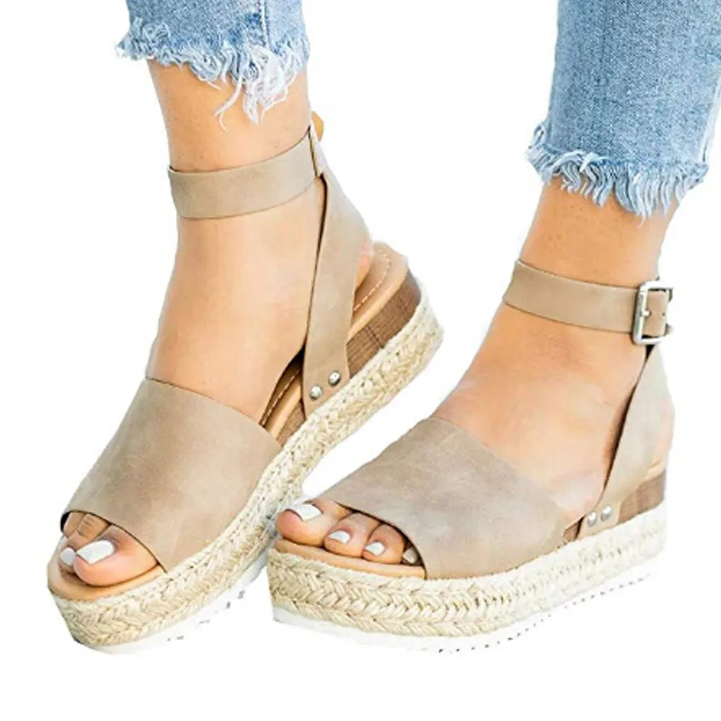 

Summer Sandals Shoes Woman 2019 Zapatos De Mujer Casual Women's Rubber Sole Studded Wedge Buckle Ankle Strap Open Toe Sandals