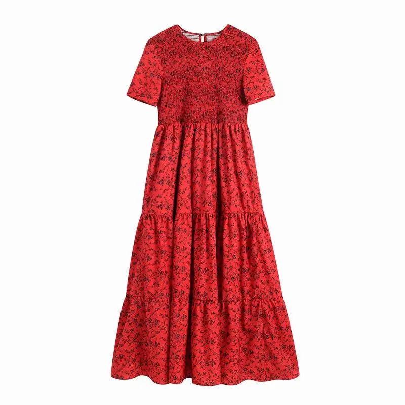 Весна новые женские платья красные цветочные принты эластичный бюст o-образным вырезом короткий рукав Feminino Vestidos женское длинное платье макси - Цвет: Floral