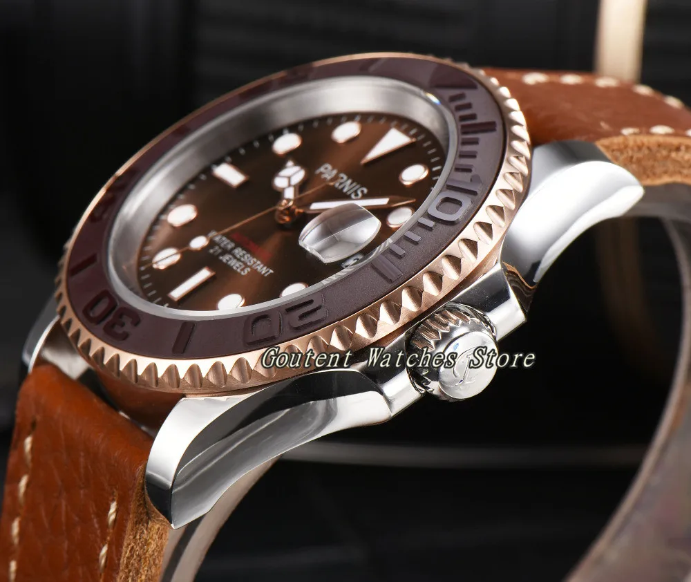 44 мм Parnis коричневый циферблат Мужские часы сапфировое стекло Автоматический ход Мужские t военные мужские наручные часы