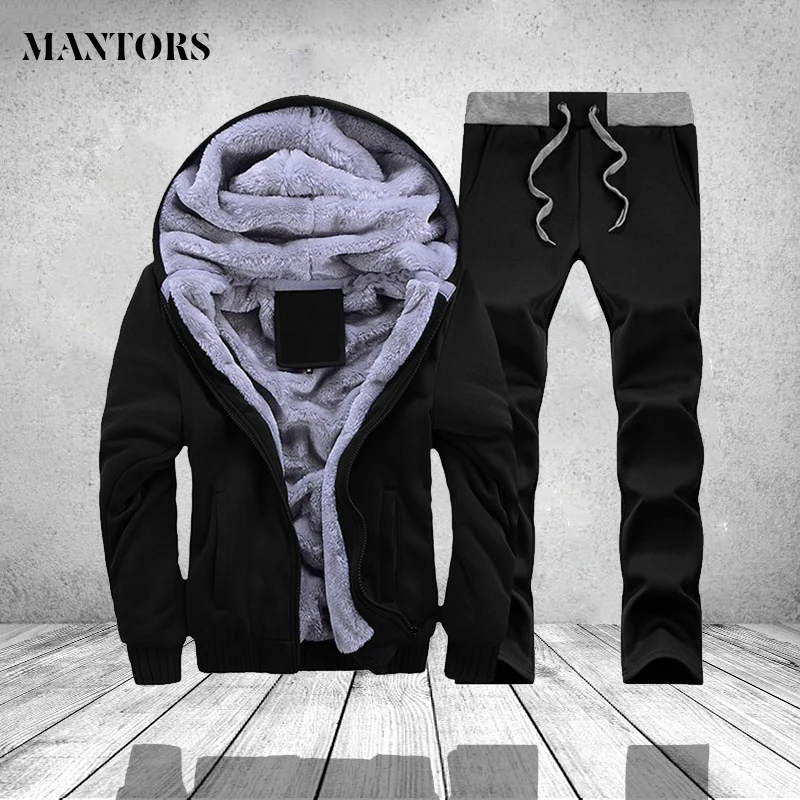 

Casual Mens Tracksuit Set Winter Thick Men Hoodies Sets Inner Fur Fleece Hooded Jacket +Pants Sweatsuit Male Trainingspak Mannen