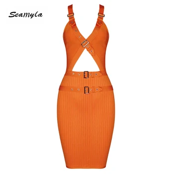 

Seamyla 2020 New Fashion Bandage Dress Women Sleeveless Orange Club Celebrity Party Dresses Vestidos Summer Bodycon Runway Dress
