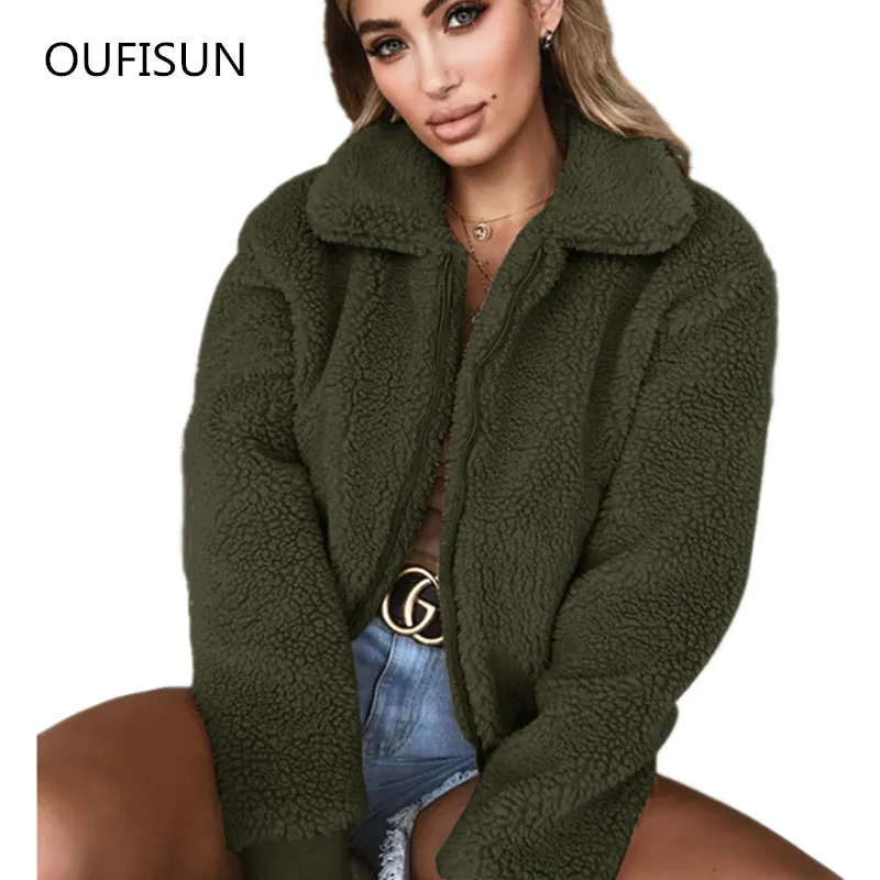 

2019 Streetwear Coat Plush Warm Women Coats Solid Winter Casual Turn Down Collar Female Autumn Jackets Soft Zipper Overcoat