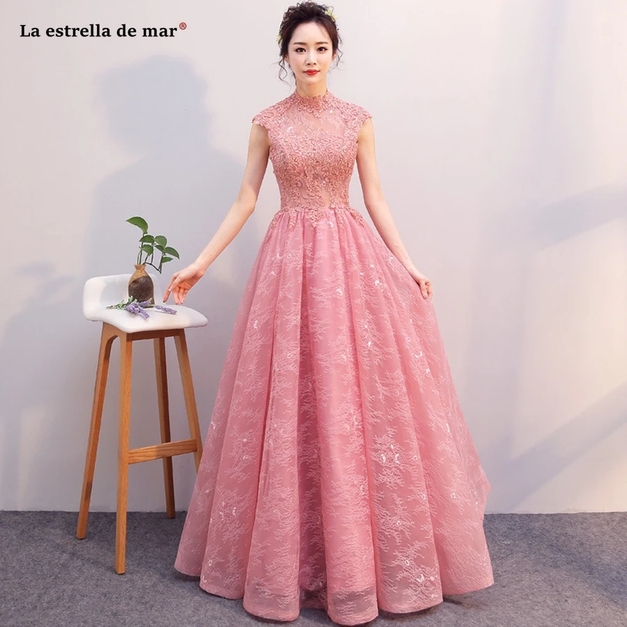 Vestido madrinha new lace high neck cap sleeves open A Line blush pink bridesmaid dress long robe demoiselle honneur plus size