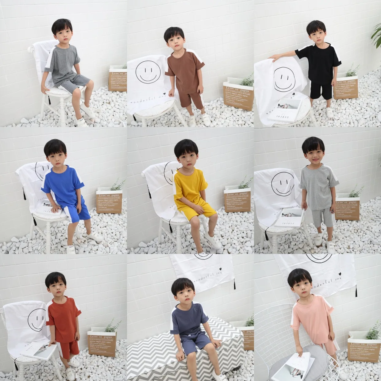 

girl boy sports cotton clothing set children clothes kid baby wear short-sleeve shorts candy colour