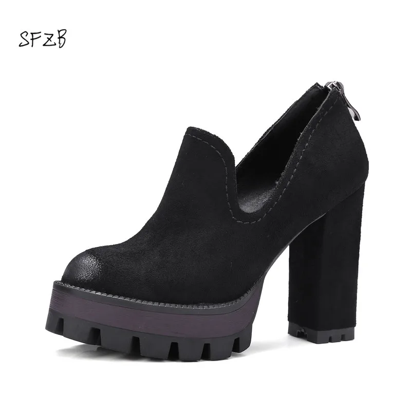 

SFZB Women pu Leather Boots Platform High Heel Ankle Boots zipper Boots Spring Round Toe Autumn Shoes Black