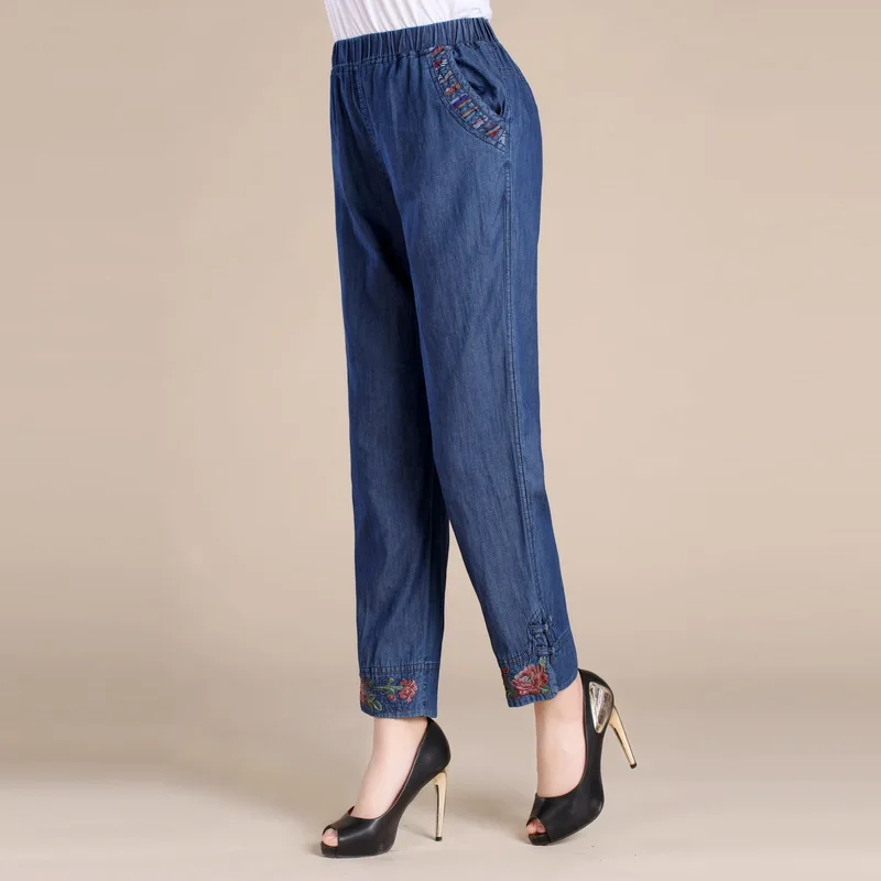 Más Elástico Madre Tamaño 4xl Quincuagenario Casual L Pantalones 9 Recto Azul Capris Mujeres Algodón Cintura Pantalón Vintage tAzfqwBR4z