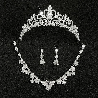Hot Sale Sliver Plated Rhinestone Crystal Necklace+Earrings+Tiara 3pcs Jewelry Set For Bride Bridal Wedding Accessories (17)