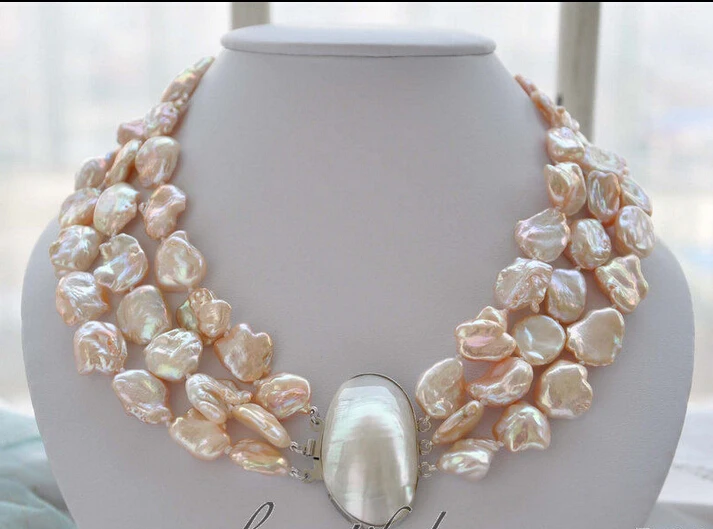 

FREE shipping>>>>z4957 3strands 19mm BAROQUE pink KESHI REBORN PEARL NECKLACE mabe clasp new