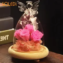 Деревянная основа ангел, розовая стеклянная крышка, цветочное украшение, красочный подарок, фестиваль, День Святого Валентина, сохраненный свежий цветок, инструменты для домашнего декора