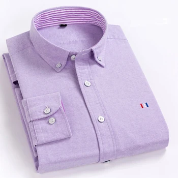 

Aoliwen men 100%cotton Purple oxford brand long sleeve casual shirt Spring and autumn Tops embroidery Flannel size S-5XL
