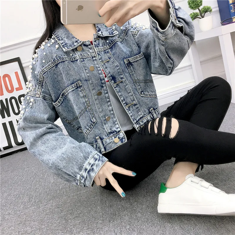 Women Jean Jacket 2019 Spring Autumn Pearls Beading Denim Jackets Female Vintage Long Sleeve Pockets Loose Basic Coats Plus Size