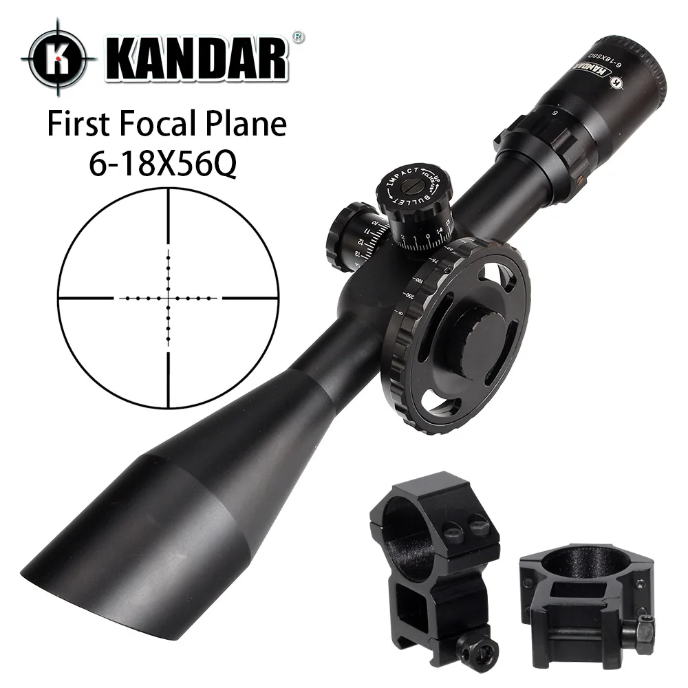 KANDAR 6-18X56Q оптический первый фокальный самолет охотничьи оптические прицелы Parallax Mil точечное стекло травленая сетка башенки сброс область - Цвет: with Picatinny Rings