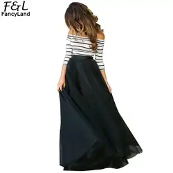 Пачка модные женские туфли женские Off-shoulder Striped Высокая Талия Новое Бальное Платье вечерние клуб Тонкий длинное платье комплекты