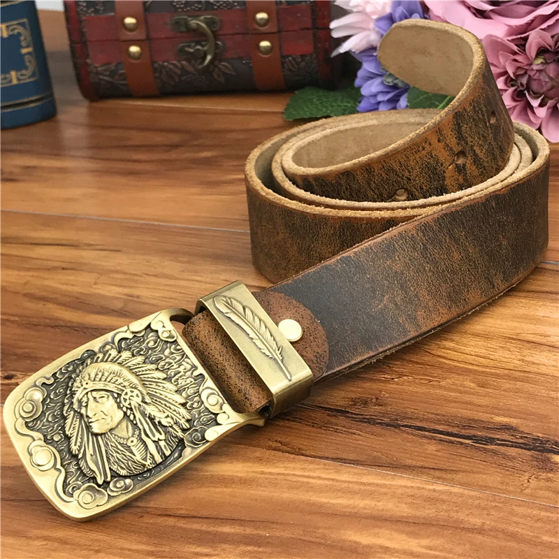 Cinturón de vaquero de latón con hebilla de cinturón de cuero para hombre, cinturón de cuero de Metal para hombre, correa de cuero, Cinturon MBT0070 - 6
