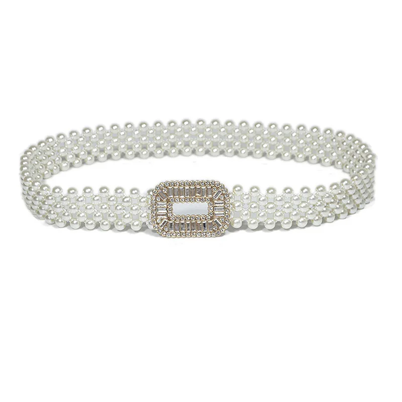 

2019 Elegant Imitation Pearls Beaded Belt for Women White Rhinestone Square Buckle Waist Belts Handmade Dress Straps Waistband